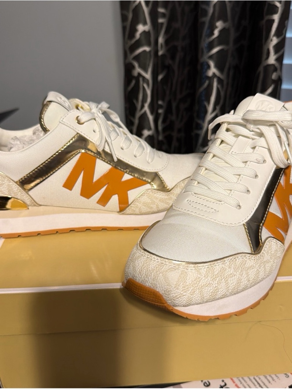 Michael Kors White & Orange MK Logo Platform Sneakers